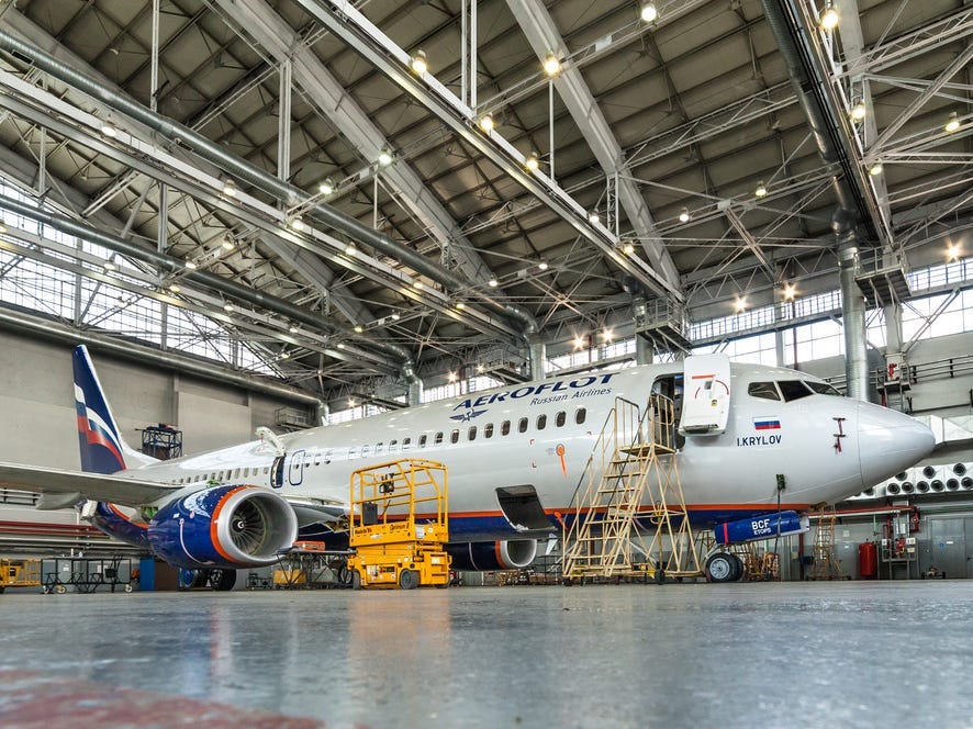 An Aeroflot plane being repaired in Moscow.