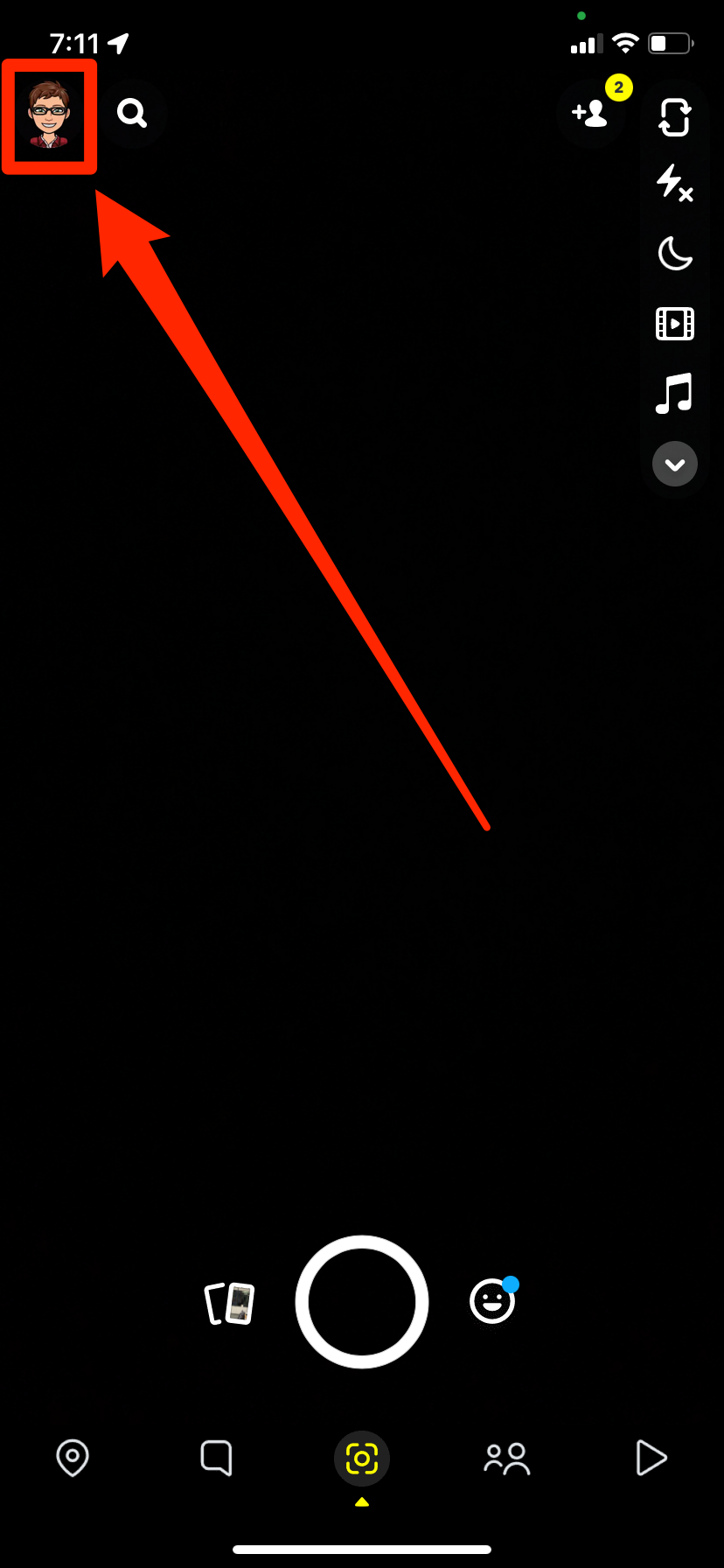 The main Snapchat page, with the user's profile picture in the top-left corner highlighted.