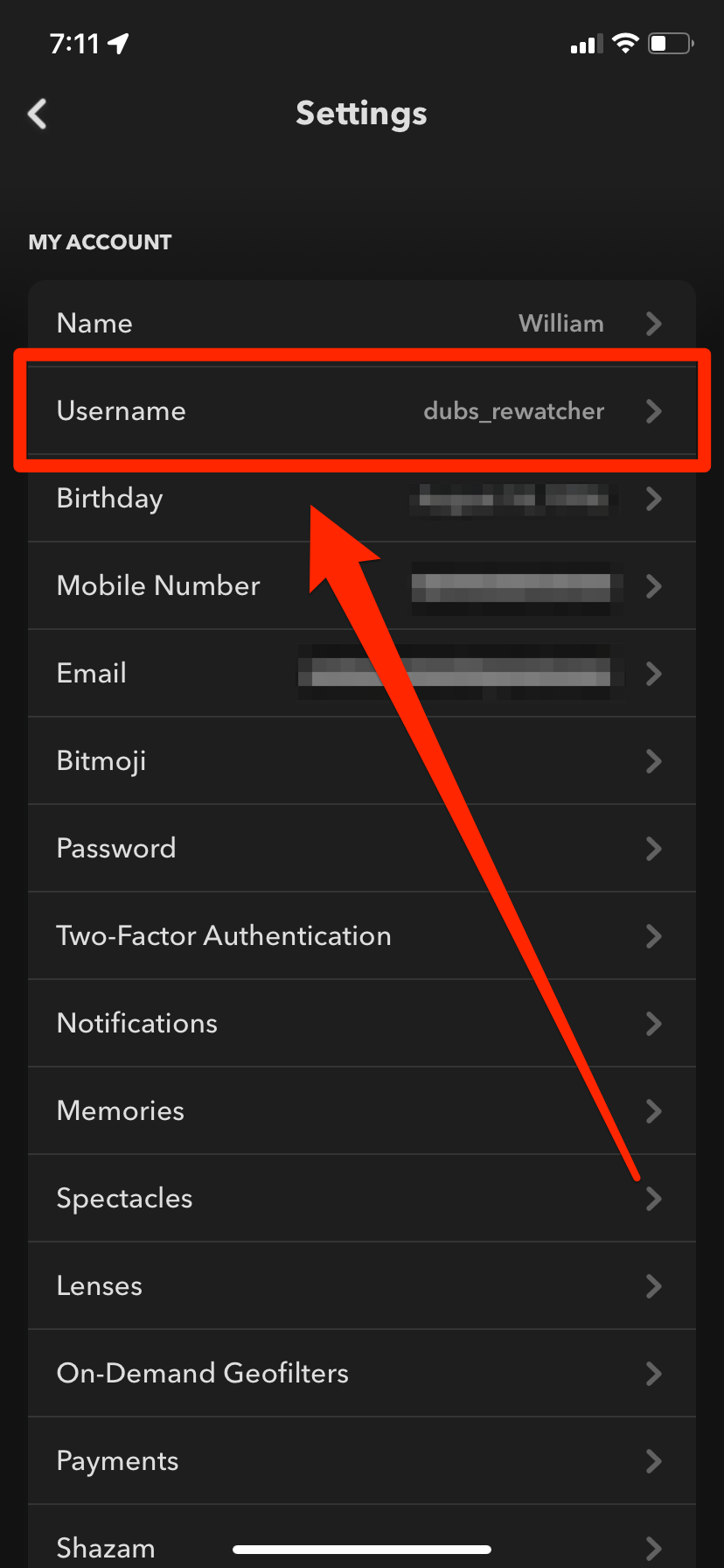 The Settings page in the Snapchat app, with the Username option highlighted.