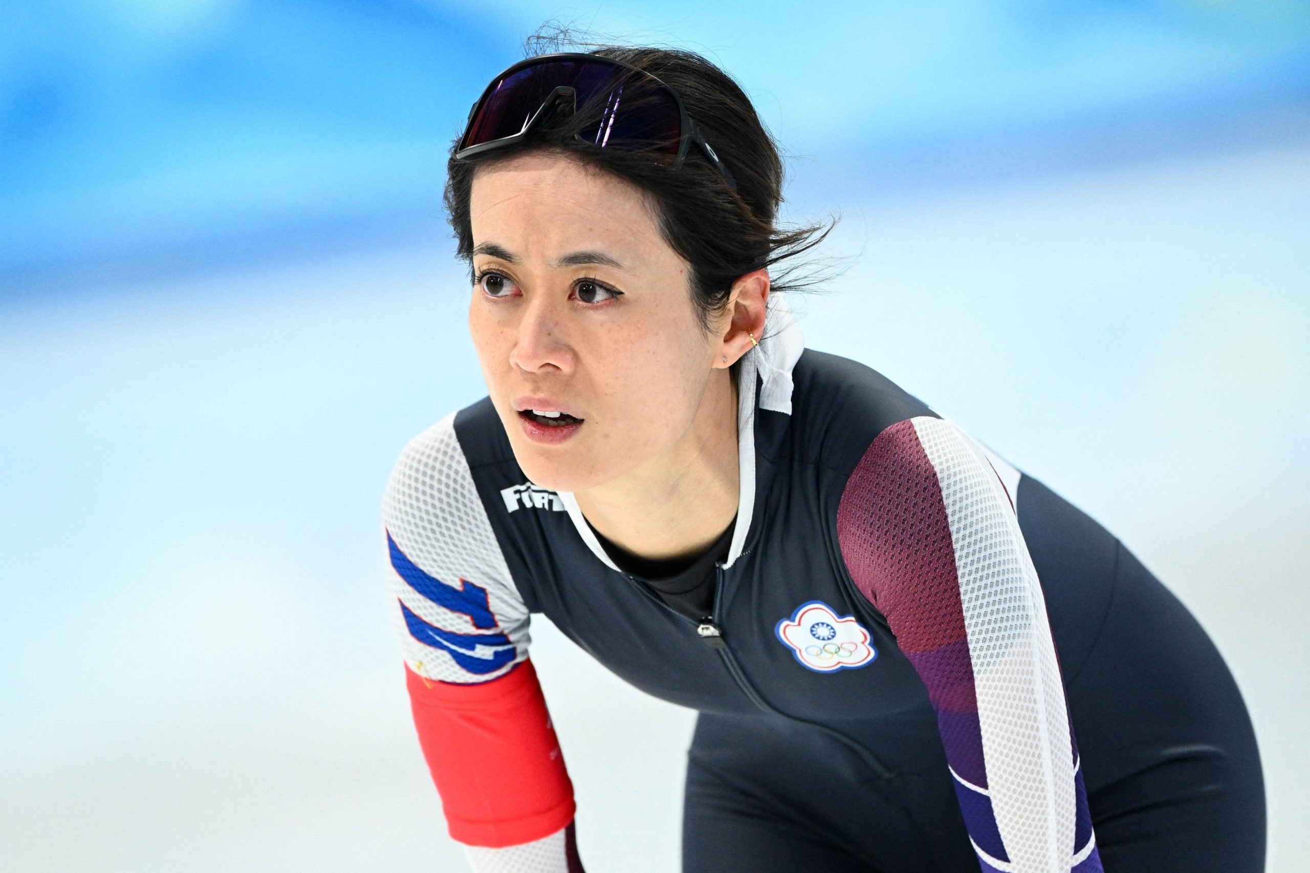 Taiwan's Huang Yu-ting reacts after competing in the women's 500m speed skating event during the Beijing 2022 Winter Olympic Games.