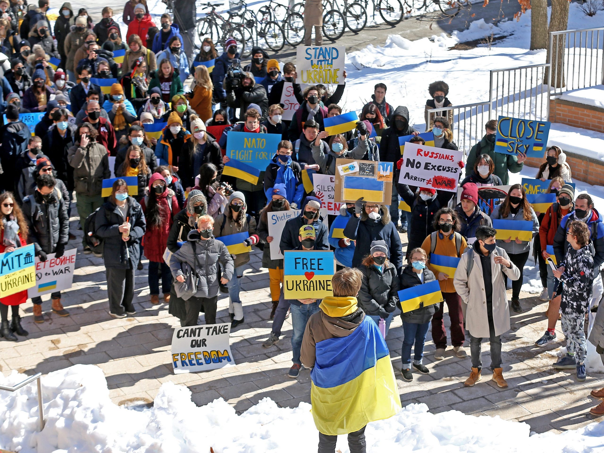 Hundreds of students from MIT protest Russia invading Ukraine on February 28, 2022 in Cambridge , Massachusetts.