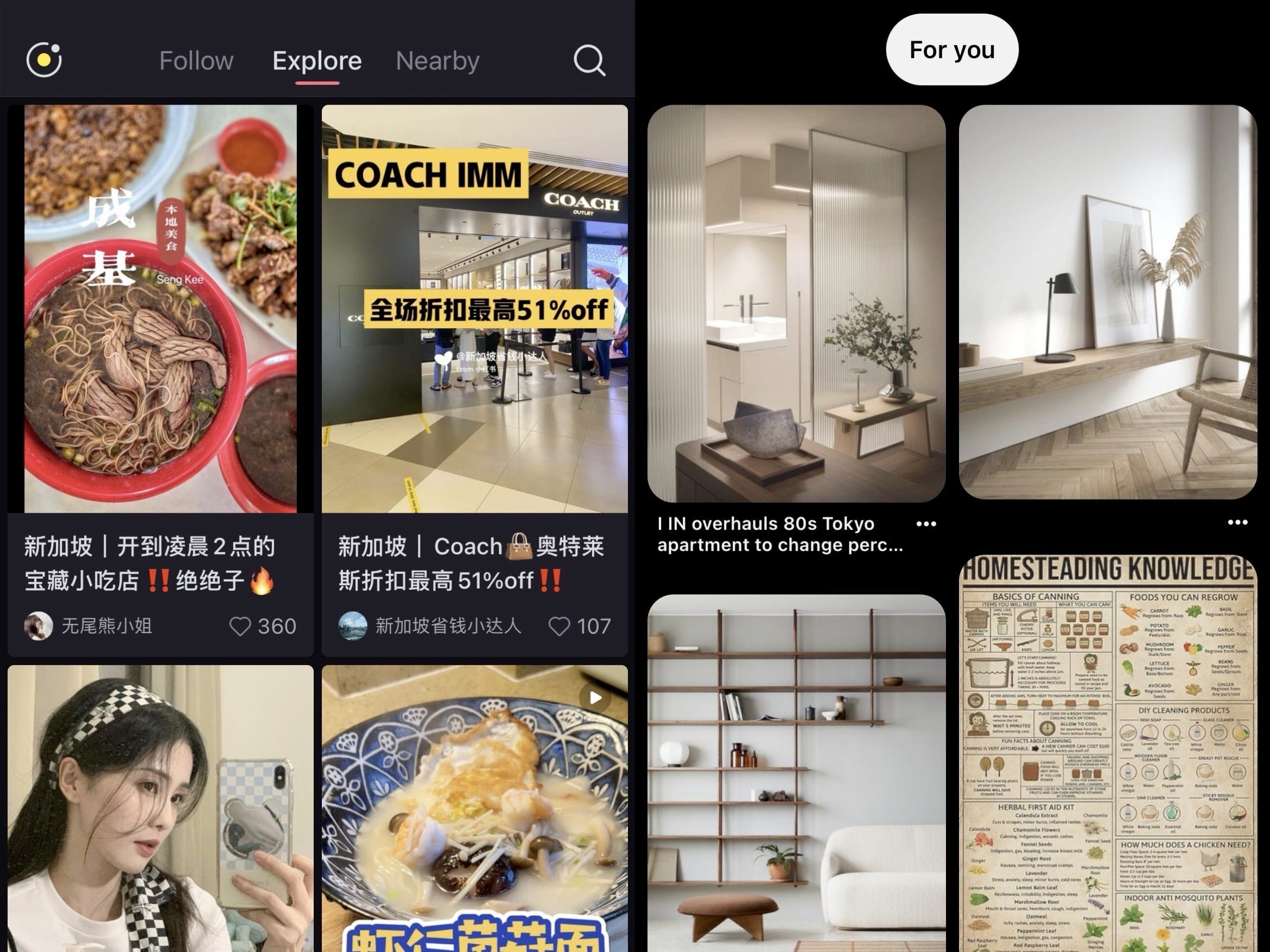Comparing the Xiaohongshu interface (left) with Pinterest's (right).