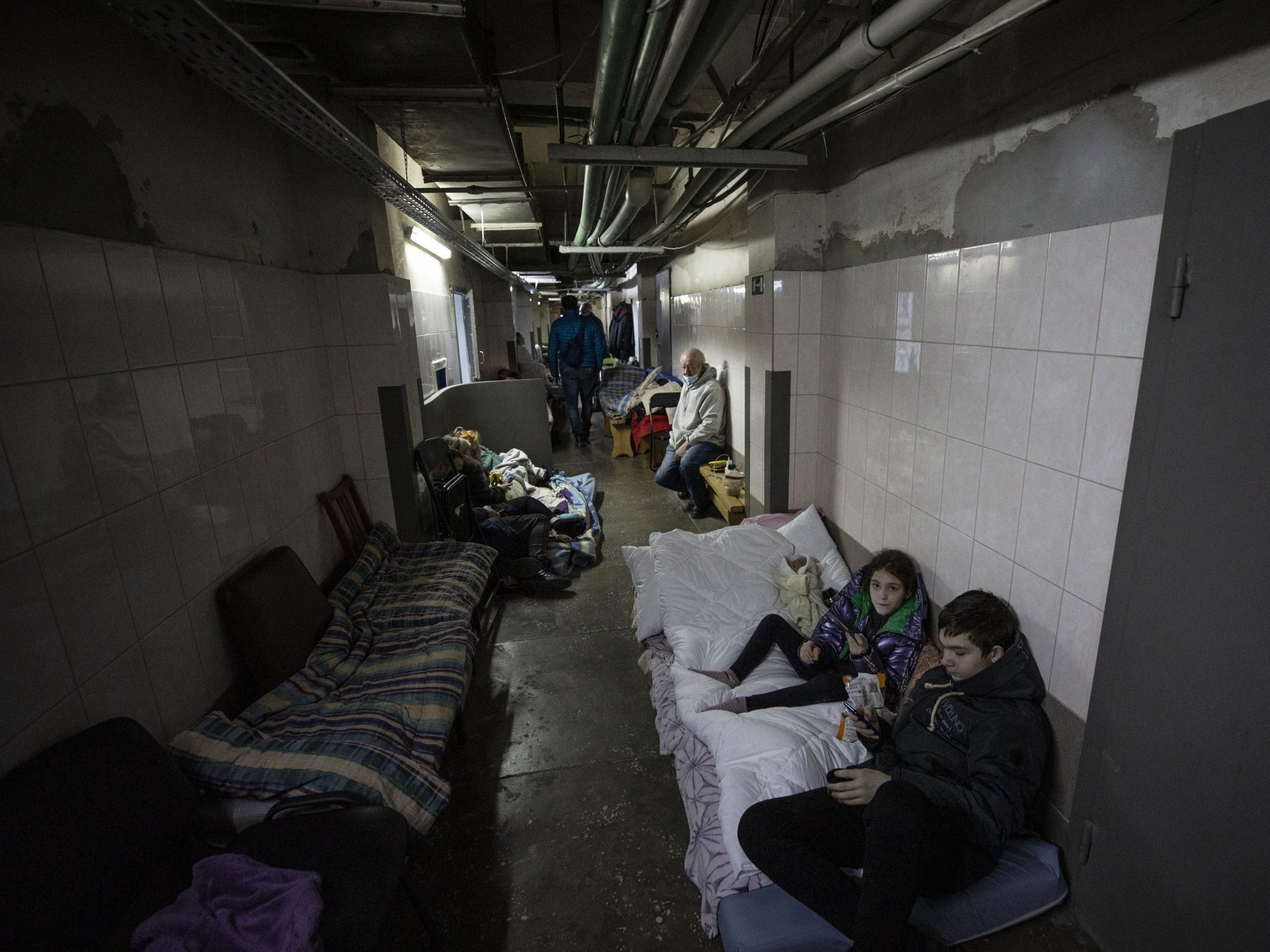 Pregnant women and new born babies are taken to a shelter on the basement level of a maternity hospital in Ukrainian capital, Kyiv amid Russian attacks on March 02, 2022.