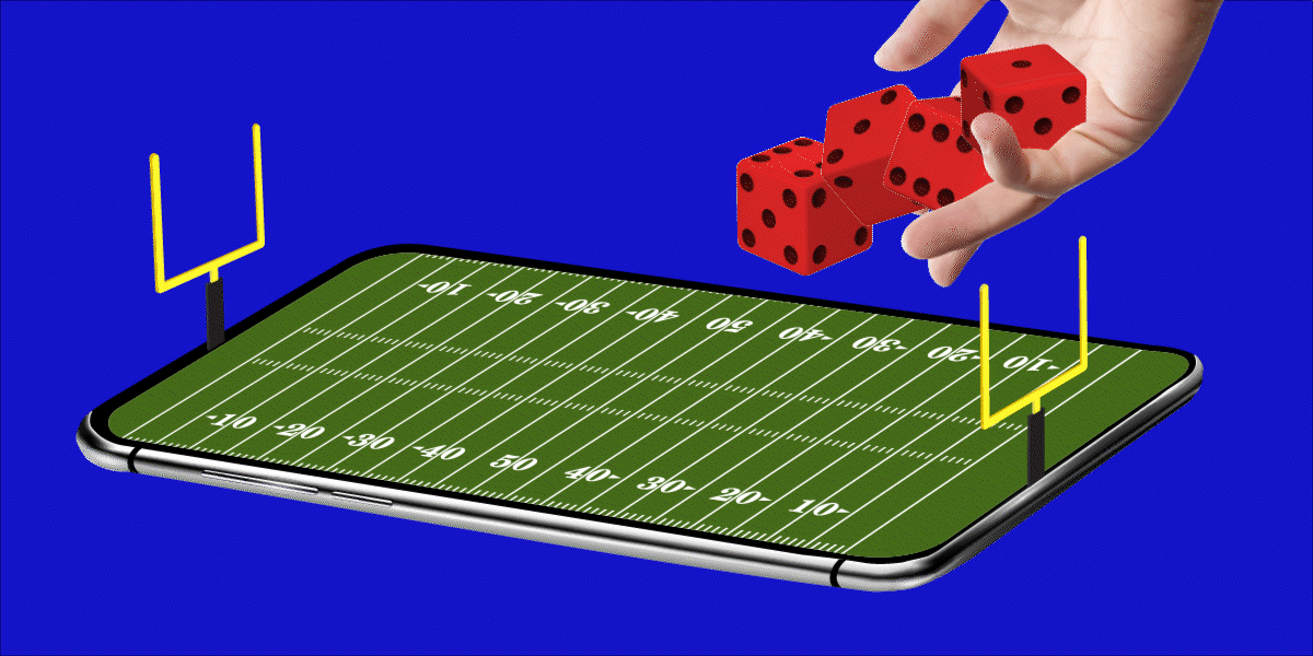 Hand rolling dice onto phone with football field 2x1 gif
