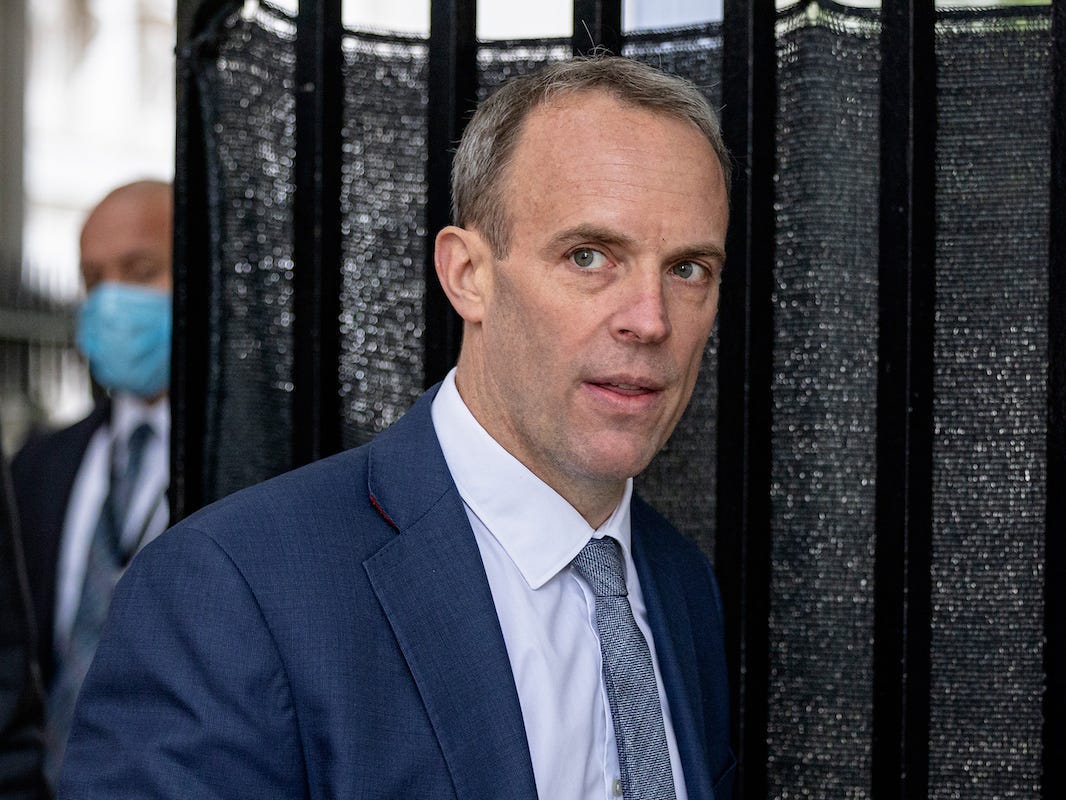 Dominic Raab, Secretary of State for Foreign, Commonwealth and Development Affairs walks through the gates of Downing Street on May 27, 2021 in London, England. (Photo by Rob Pinney/Getty Images)