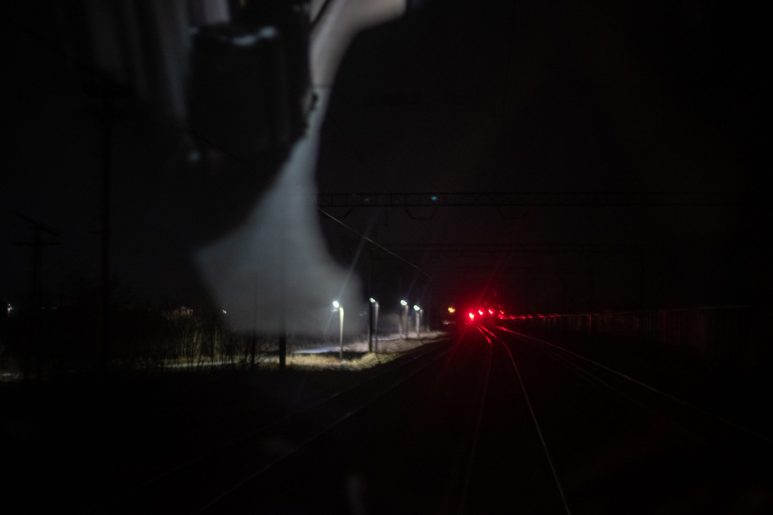 A view of Ukraine's railroad tracks seen late at night.