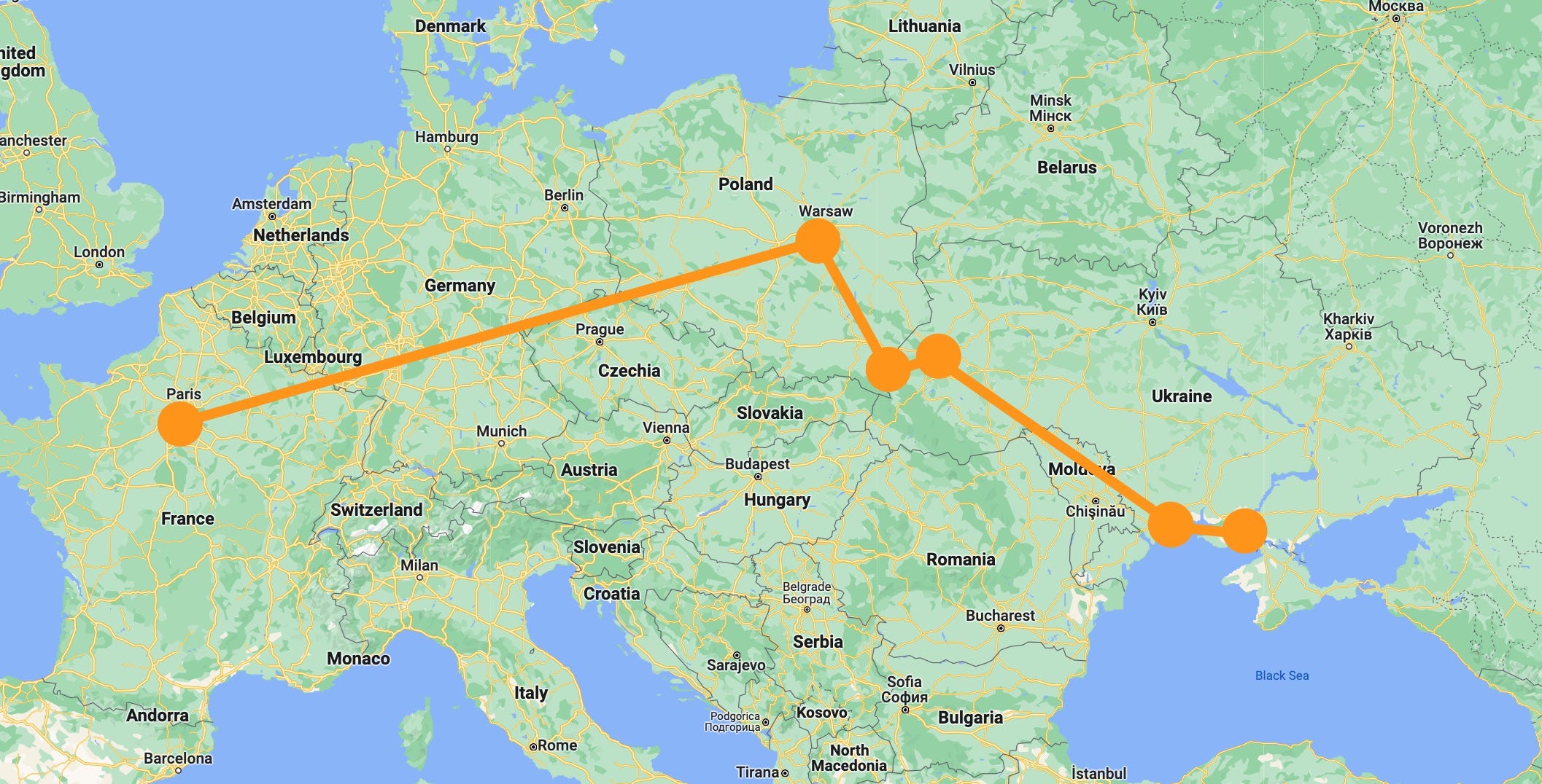A map showing the route that Oleksandra Kicha took to escape Ukraine, ending up in Paris.