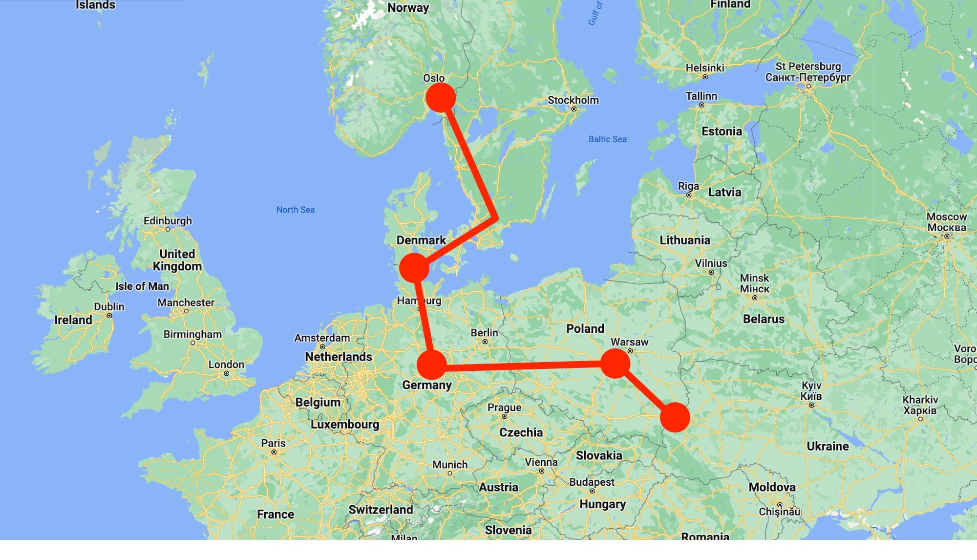 A map showing Henrik Bauer Hansen's journey from Norway to the Ukrainian border to help refugees.