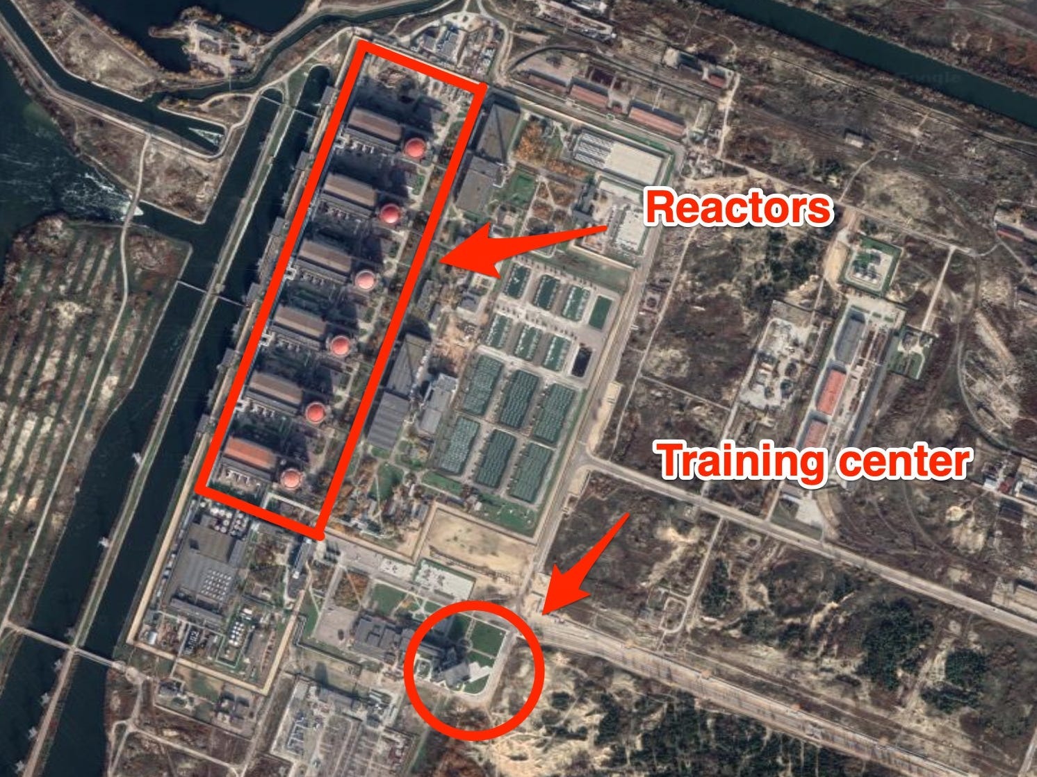 An annotated satelite image shows the plan of the Zaporizhzhia power plant