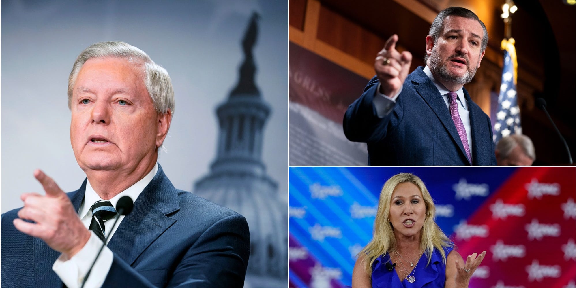 Sen. Lindsey Graham, left, Sen. Ted Cruz, top right, and Rep. Marjorie-Taylor Greene, bottom-right