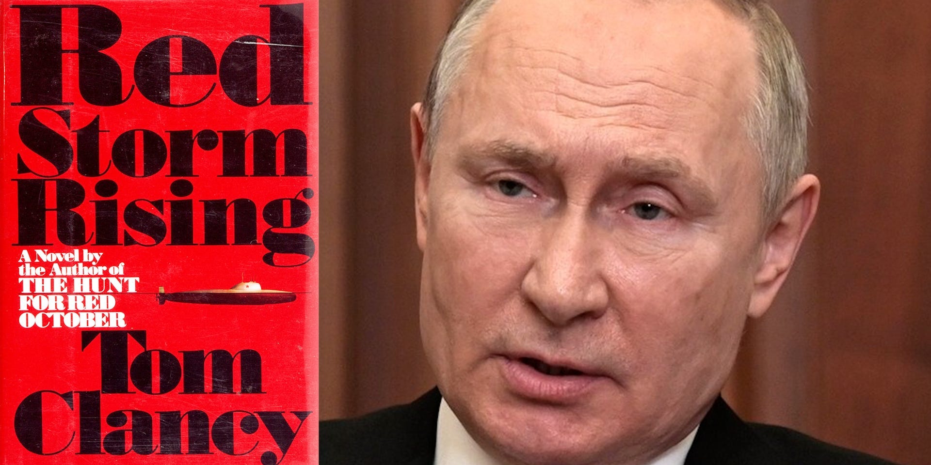 The cover of author Tom Clancy's 1986 novel "Red Storm Rising" (left) and Russian president Vladimir Putin (right)
