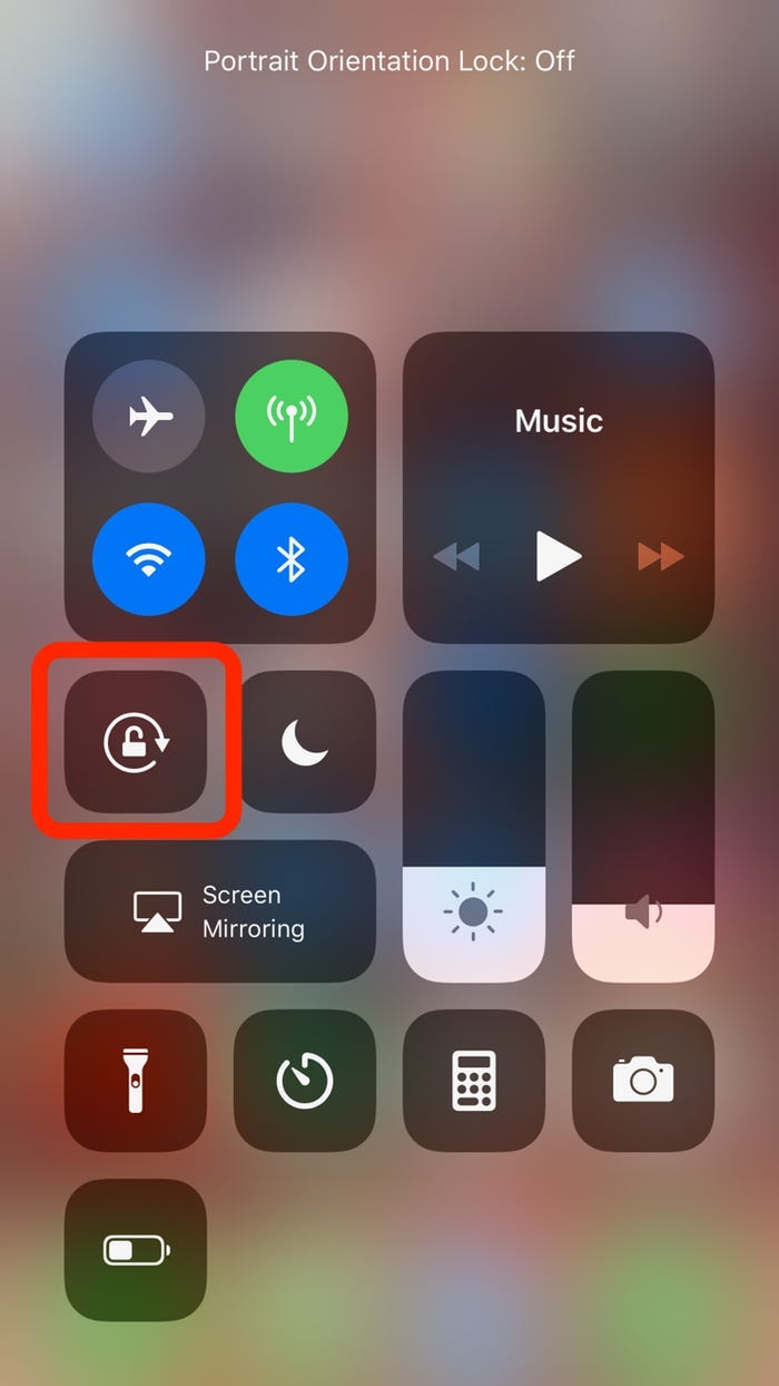Screenshot of the iPhone Control Center with the Orientation Lock button highlighted.