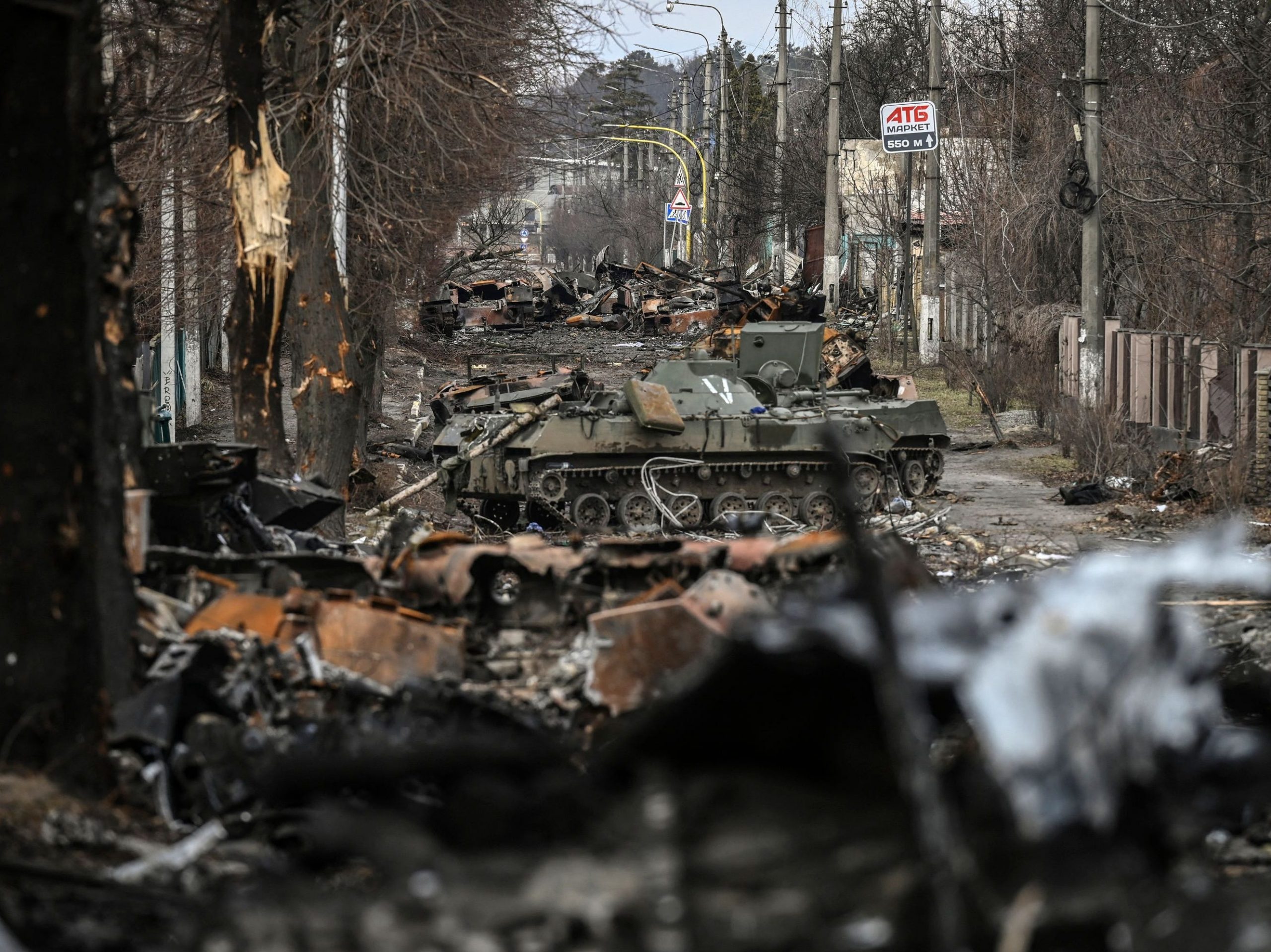 This general view shows destroyed Russian armored vehicles in the city of Bucha, west of Kyiv, on March 4, 2022