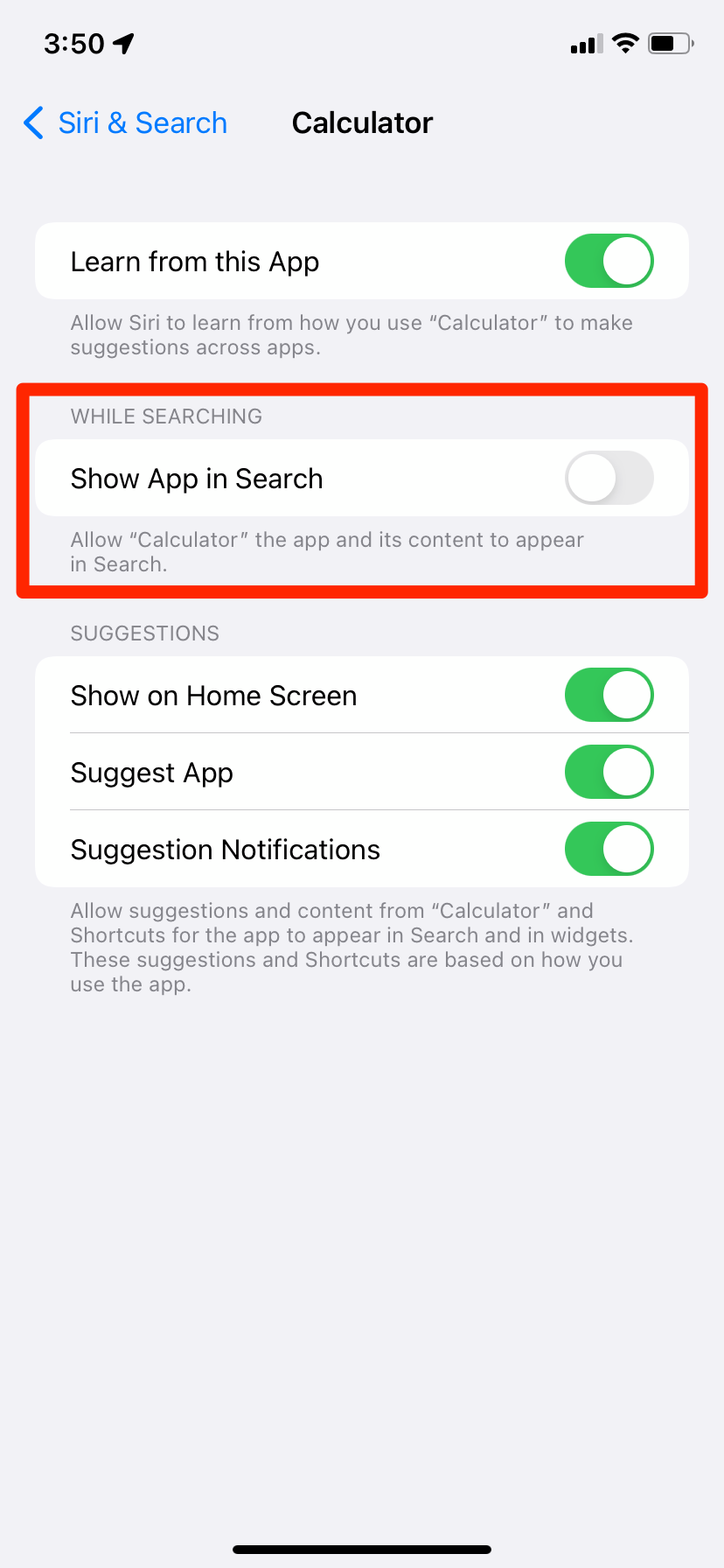 The Siri & Search menu on an iPhone, which lets the user hide apps from search.