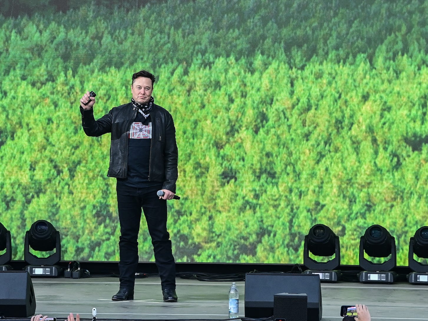 Elon Musk, Tesla CEO, stands on a stage at the Tesla Gigafactory for the open day in Grünheide, east of Berlin.