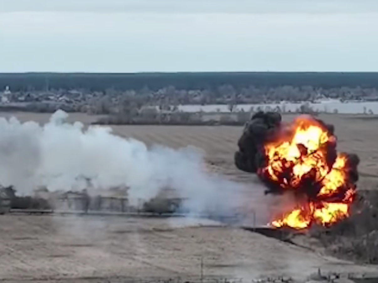 Footage appears to show a Russian helicopter bursting into flames after crashing to the ground.