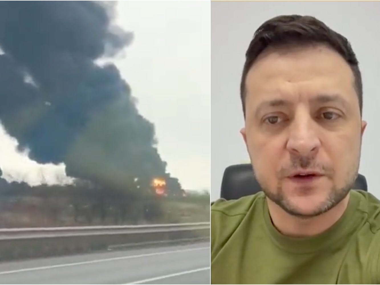 Smoke rises from Vinnytsia airport, left, and Volodymyr Zelensky speaks, right.