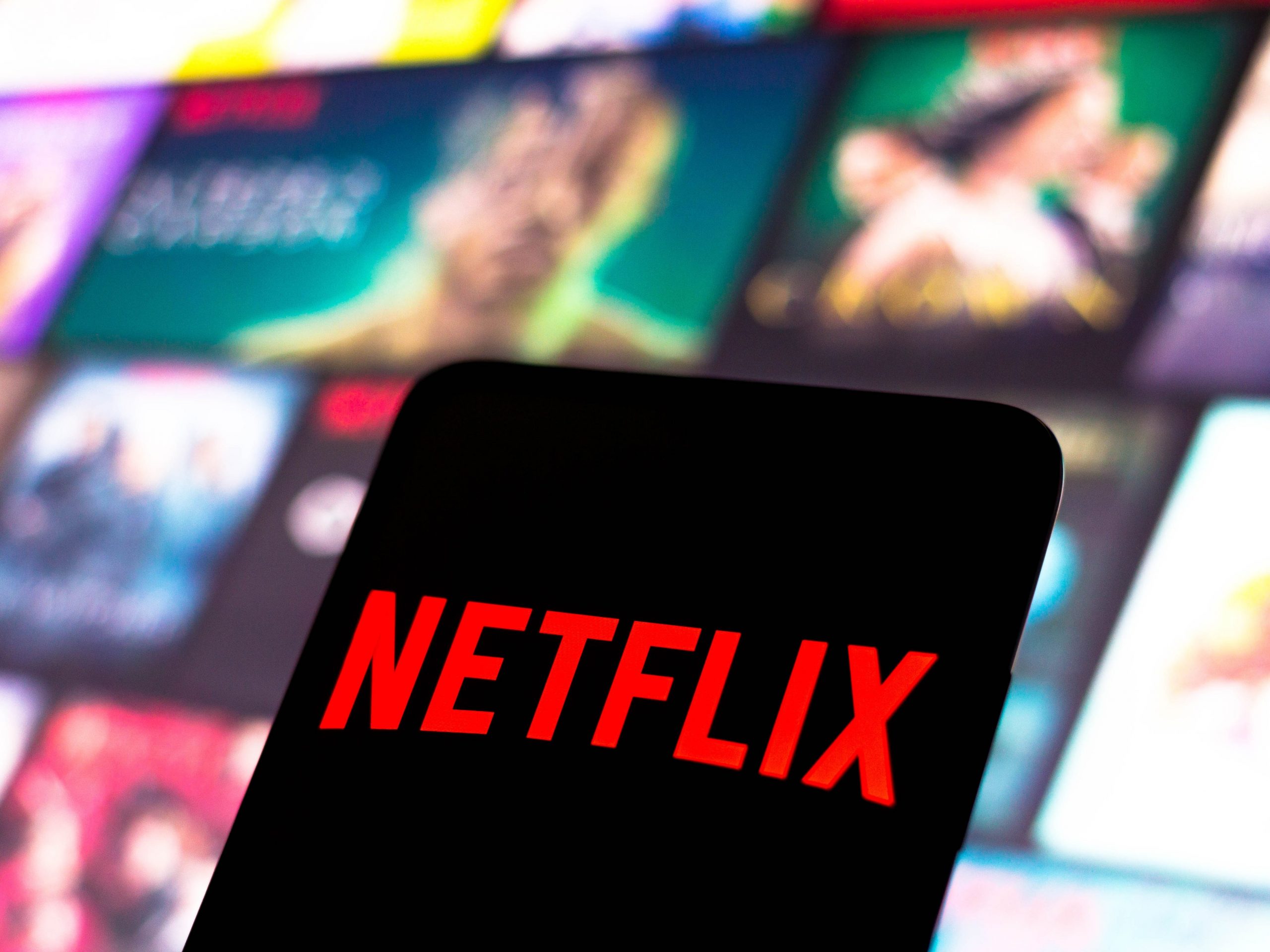 The Netflix logo is displayed on a smartphone screen.