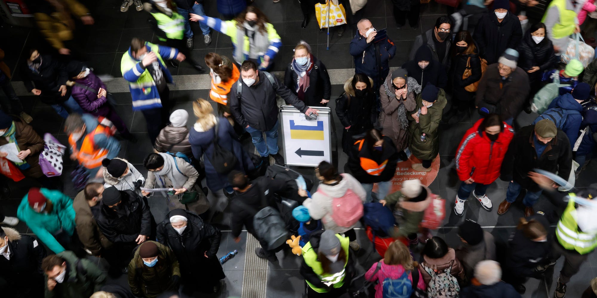 People fleeing war-torn Ukraine arrive on a train from Poland at Hauptbahnhof main railway station on March 6, 2022 in Berlin, Germany.