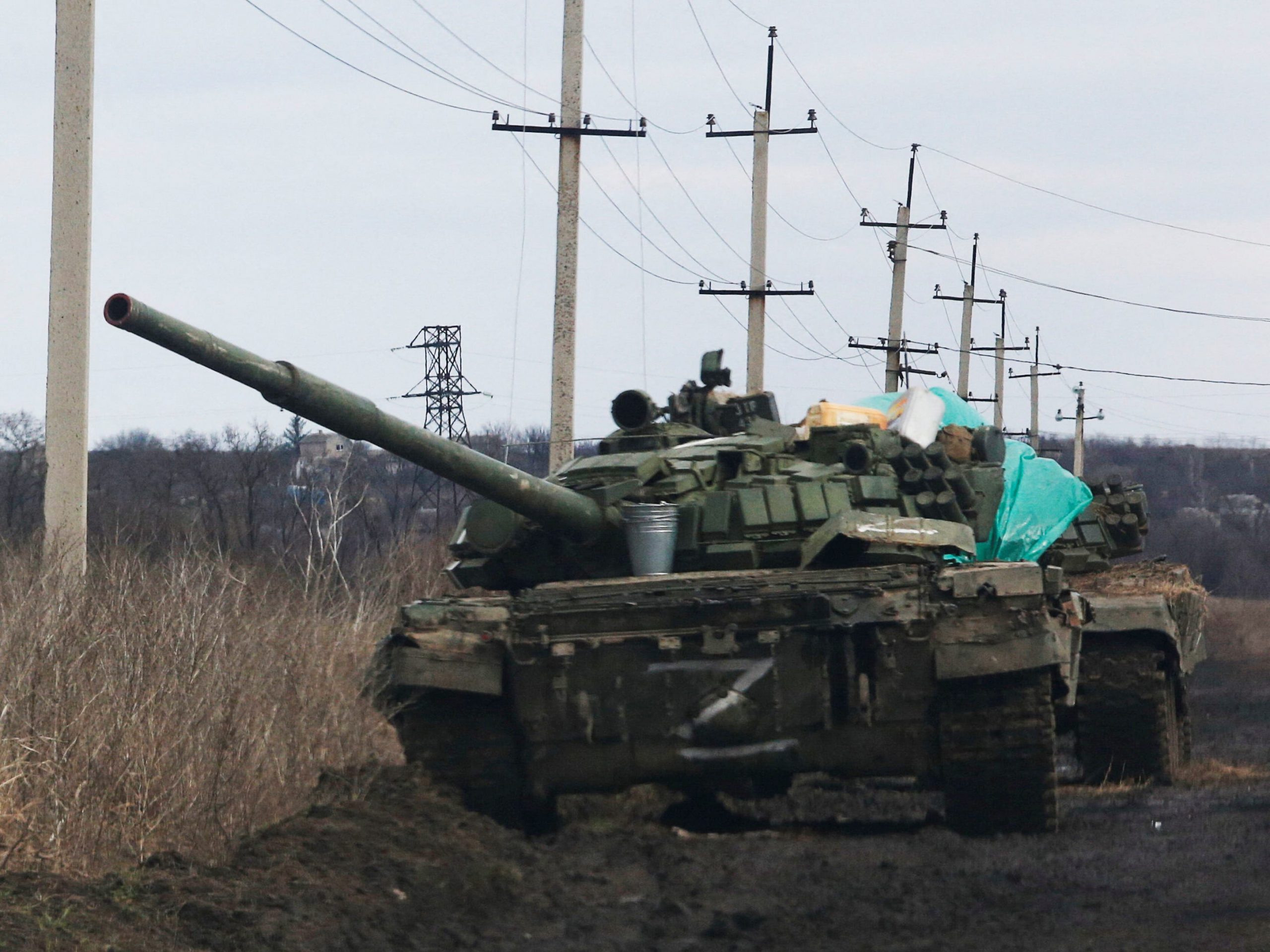 A tank with the symbol "Z" painted on its side is seen in the separatist-controlled village of Bugas during Ukraine-Russia conflict in the Donetsk region, Ukraine March 6, 2022