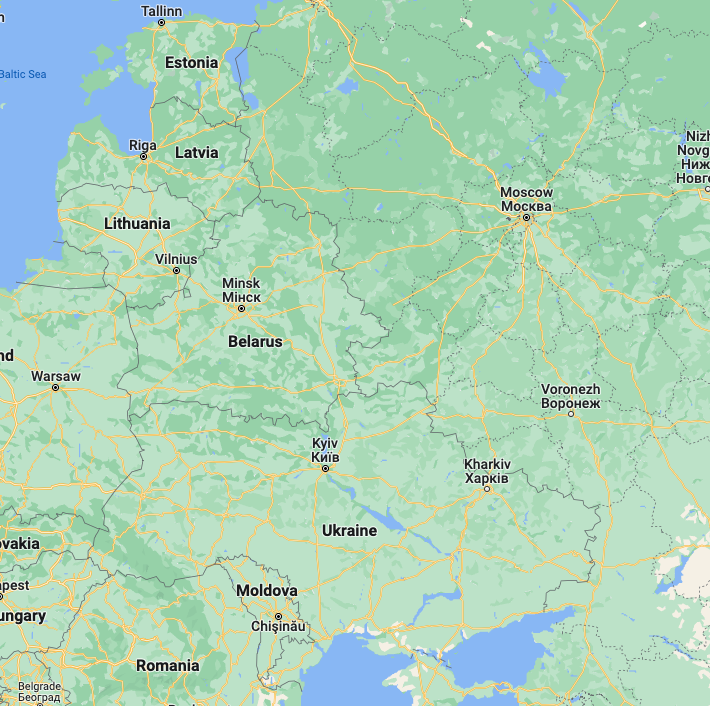 Map of Estonia, Latvia, Lithuania, Moldova, Belarus, Ukraine, and Russia