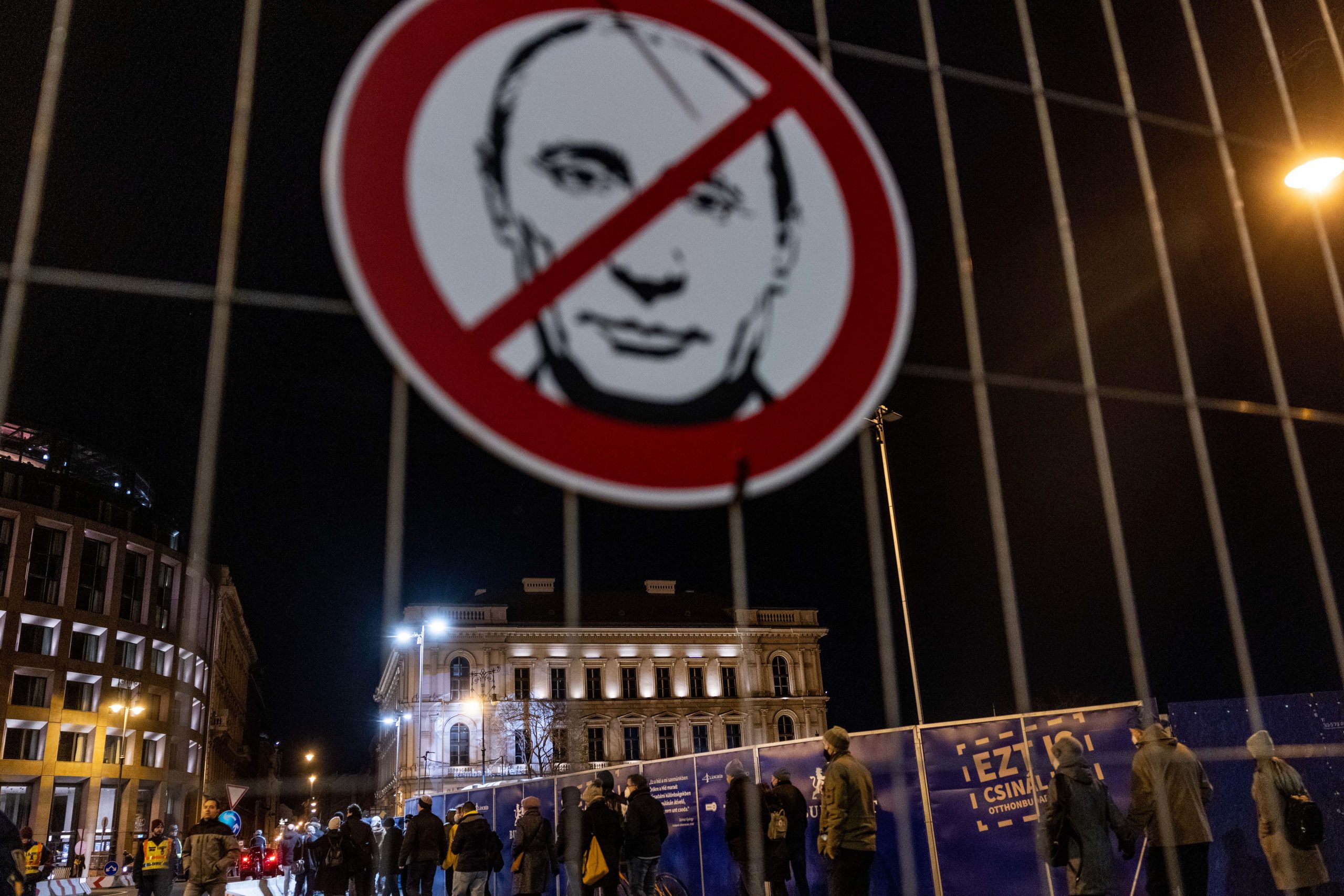 Anti-Putin placard outside the Russian owned international investment bank during a demonstration against Russia's President Putin and the Russian-owned bank on March 1, 2022, in Budapest, Hungary. On February 24, 2022.