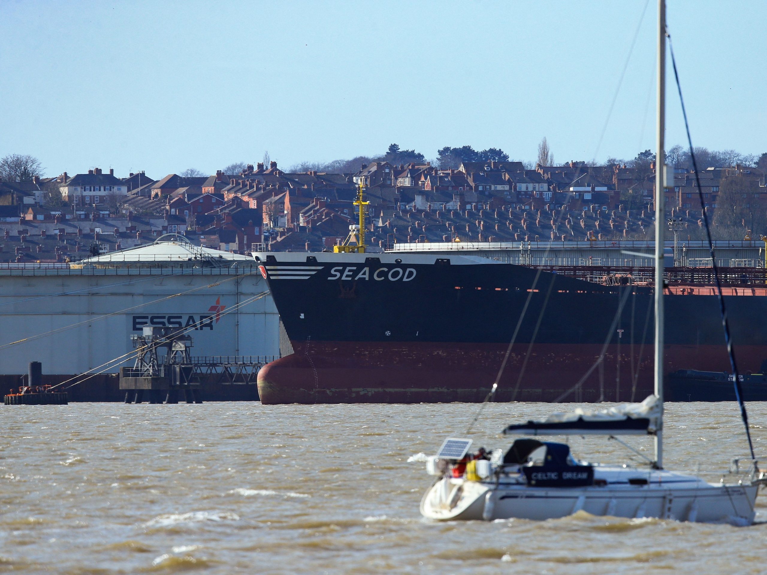 German-flagged ship "Seacod" docked near the Stanlow Oil Refinery, in Cheshire, northwest England.