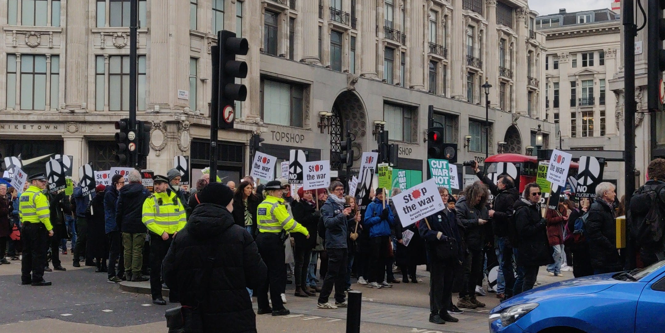 Protesters demand an end to Russia's invasion of Ukraine at Oxford Street, London on March 6, 2022.