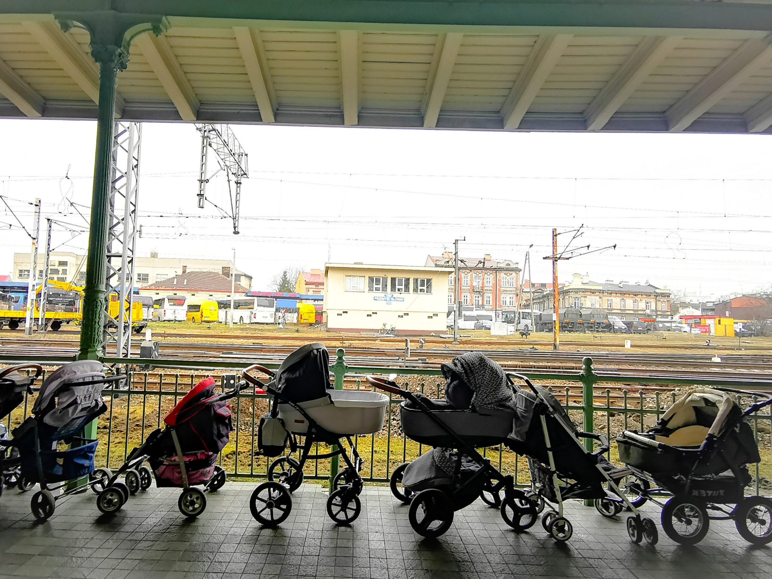 Strollers for refugees and their babies fleeing the conflict from neighbouring Ukraine are left at the train station in Przemysl, at the border crossing in Medyka, Poland, Thursday, March 3, 2022.