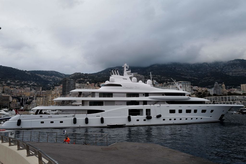 This photograph taken on March 3, 2022 shows the &#34;Quantum Blue&#34;, Russian billionaire Sergei Galitsky&#39;s yacht, docked in the port of Monaco