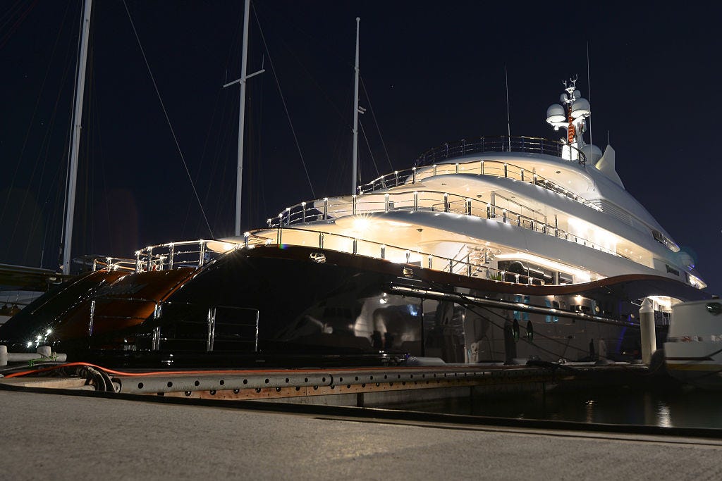 A back-side view of the 290 ft Nirvana super yacht, one of a handful of elite world cruising yachts, with its exceptional quality it is considered one of the most impressive yachts available on the market today.