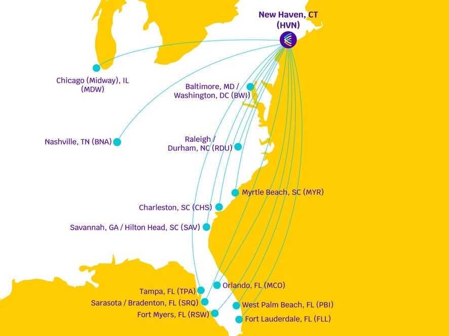 Avelo Airlines route map.