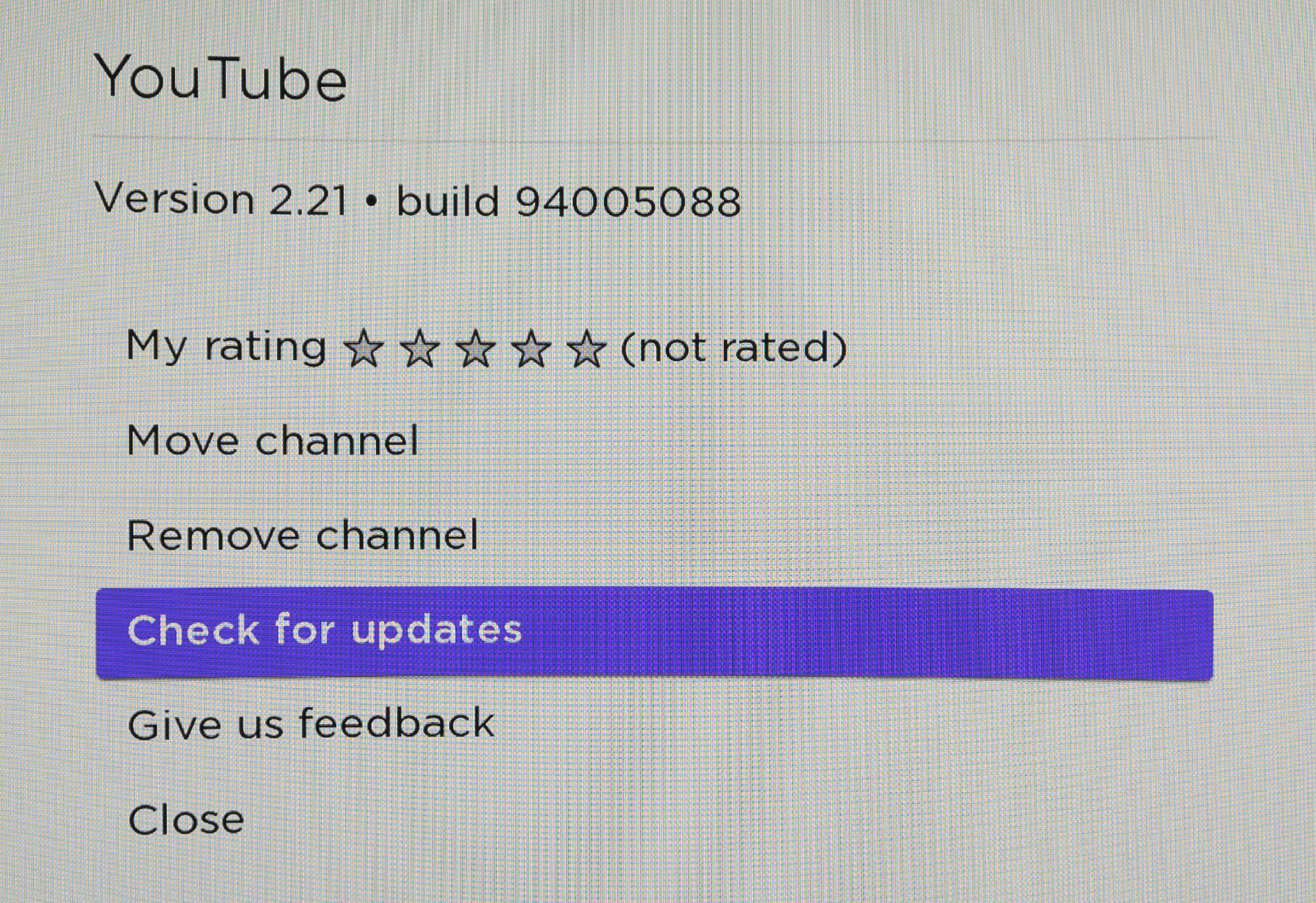 YouTube app menu on Roku