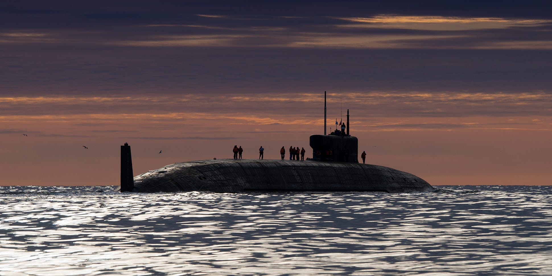 The Project 955A (Borei A) nuclear-powered ballistic missile submarine Knyaz Oleg sets off on its first sea trial in the White Sea.