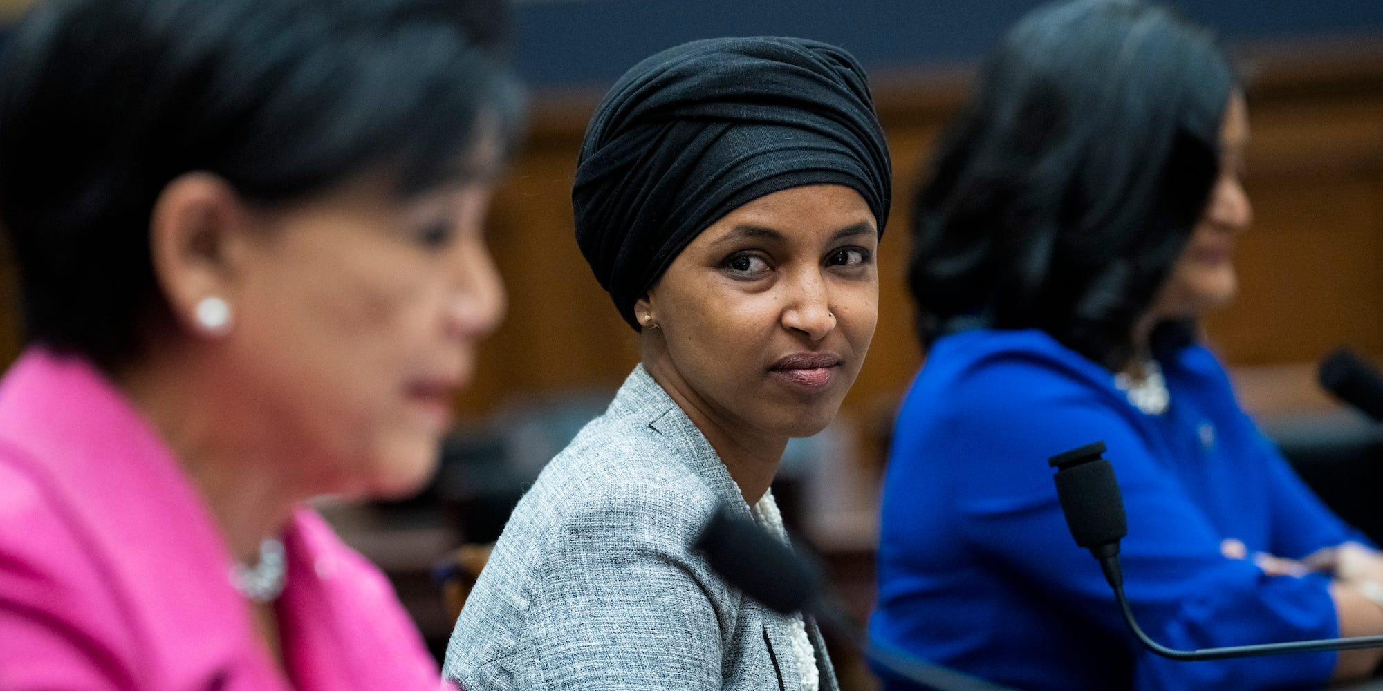 Democratic Rep. Ilhan Omar of Minnesota with colleagues at a hearing on Capitol Hill on March 1, 2022.