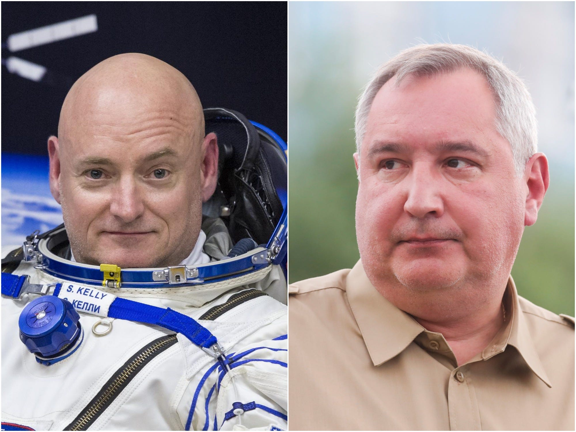 nasa astronaut scott kelly and russian space official dmitry rogozin portraits side by side