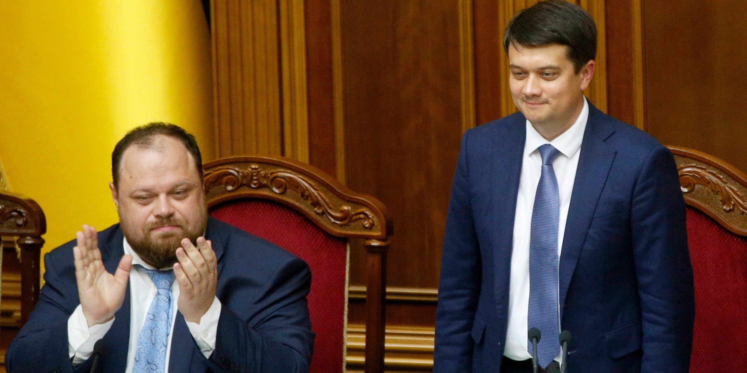 In this Aug. 29, 2019 photo, Dmytro Razumkov (RIGHT) and Ruslan Stefanchuk (LEFT) attend a parliament session in Kyiv, Ukraine.