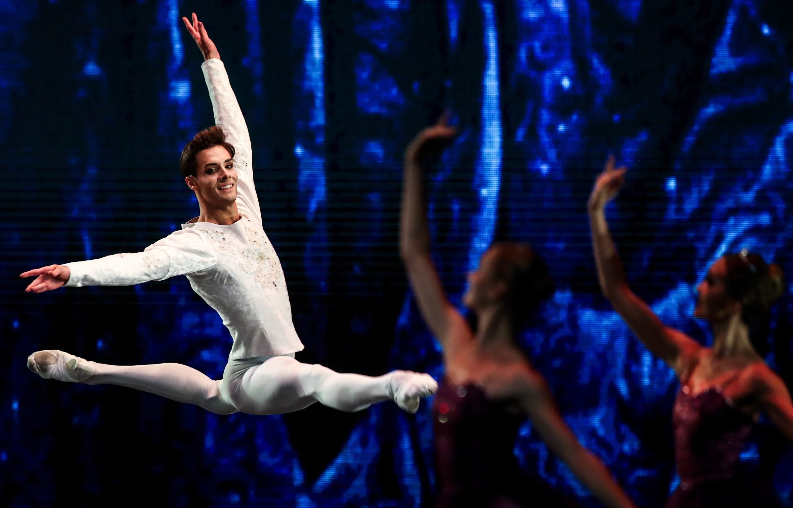 Italian principal dancer Jacopo Tissi of the Bolshoi Ballet performs in a scene from Ludwig Minkus' Tribute to Marius Petipa as part of the Kremlin Gala concert titled "Ballet Stars of the 21st Century" at the State Kremlin Palace in Moscow