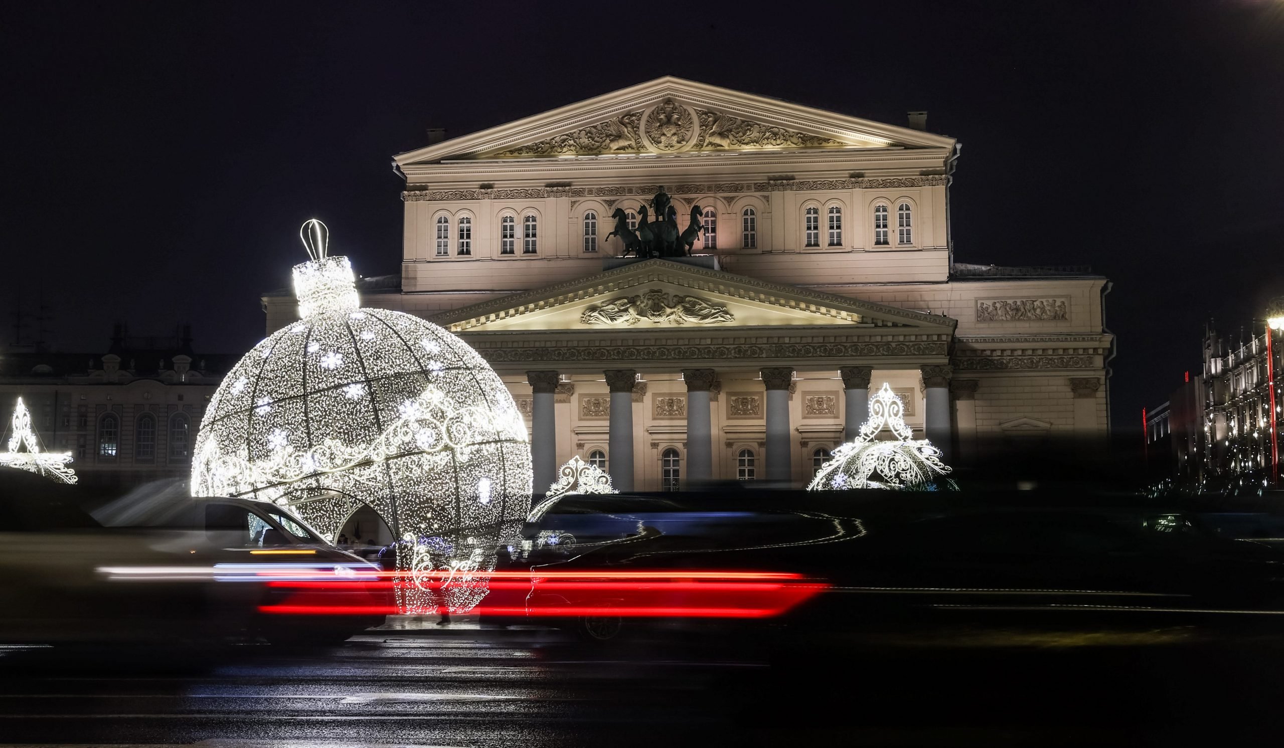 Street decorations are pictured outside the Bolshoi Theatre during the holiday season