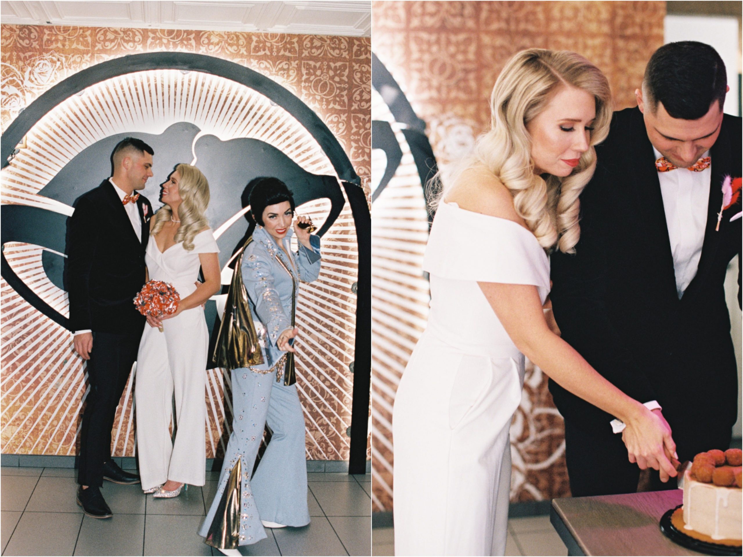 A groom in a tux and bride in a white jumpsuit and a female Elvis Presley officiant in front of the bell archway next to the couple cutting a cake.