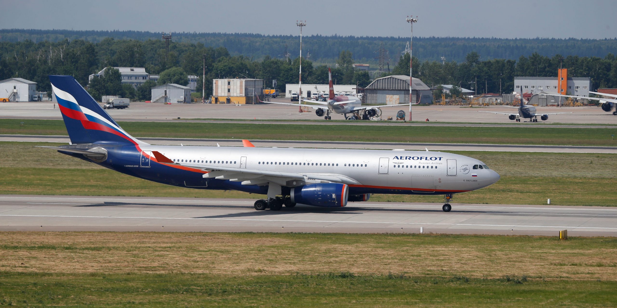 The Aeroflot Airbus A330 plane taxies out at Sheremetyevo airport, Moscow.