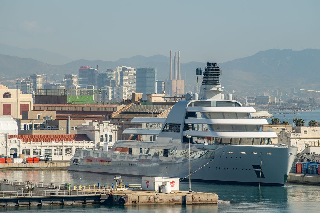 Roman Abramovich&#39;s Super Yacht Solaris is seen moored at Barcelona Port on March 01, 2022 in Barcelona, Spain.