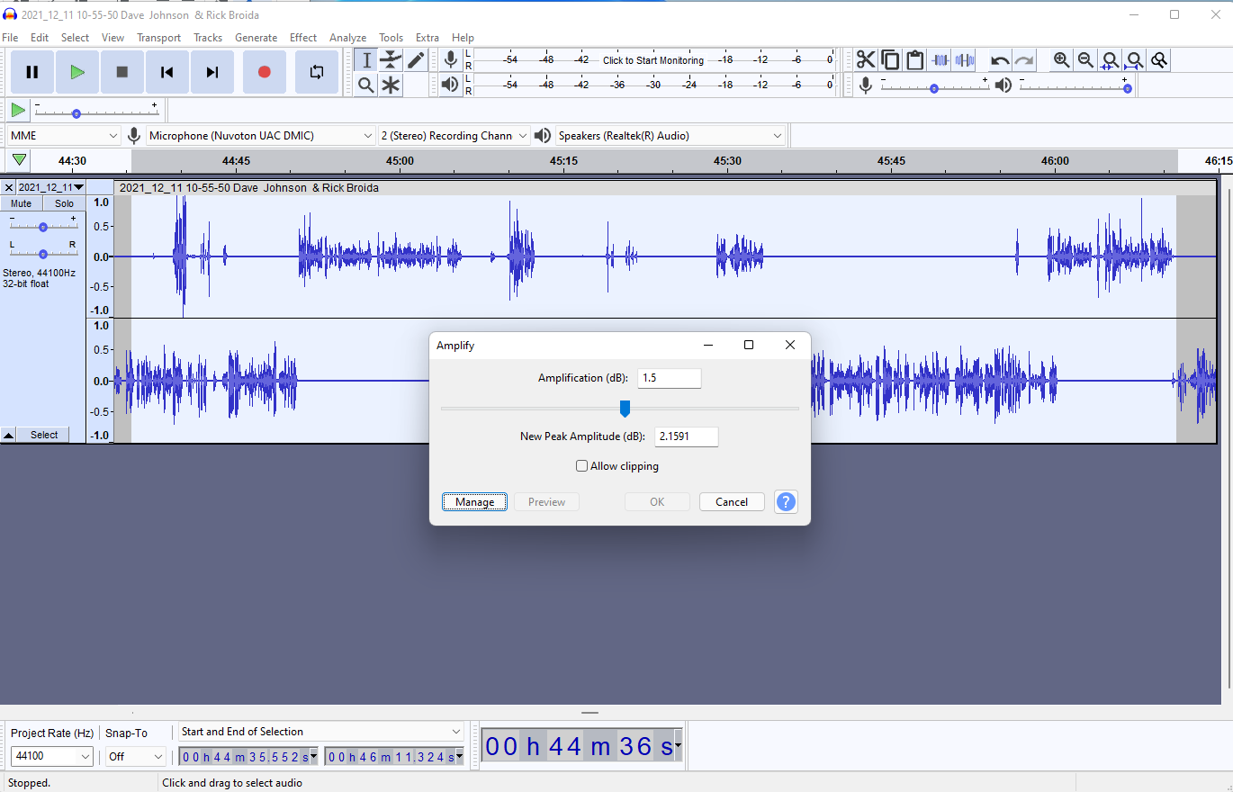 Applying the Amplify effect in Audacity