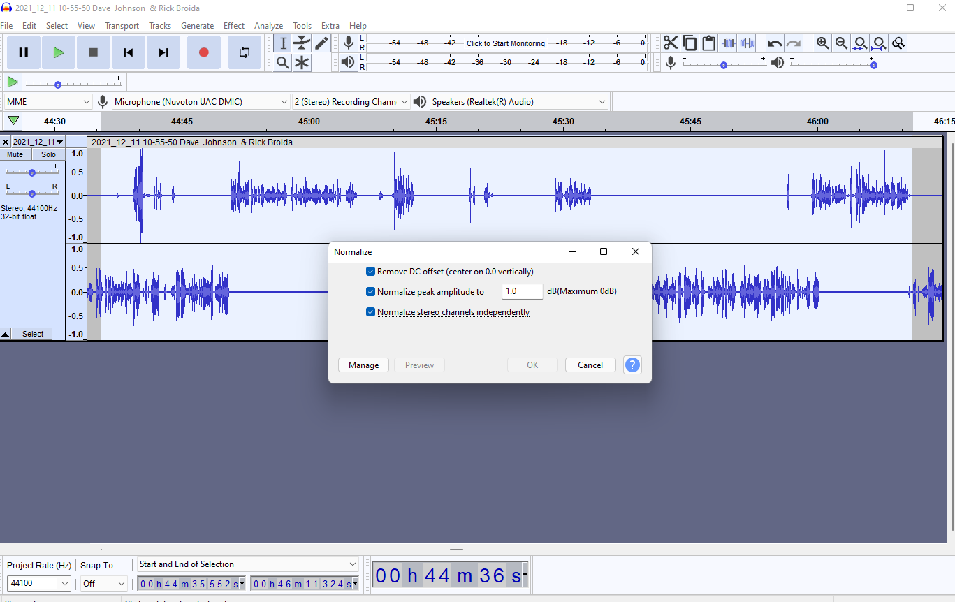 Applying the Normalize effect in Audacity