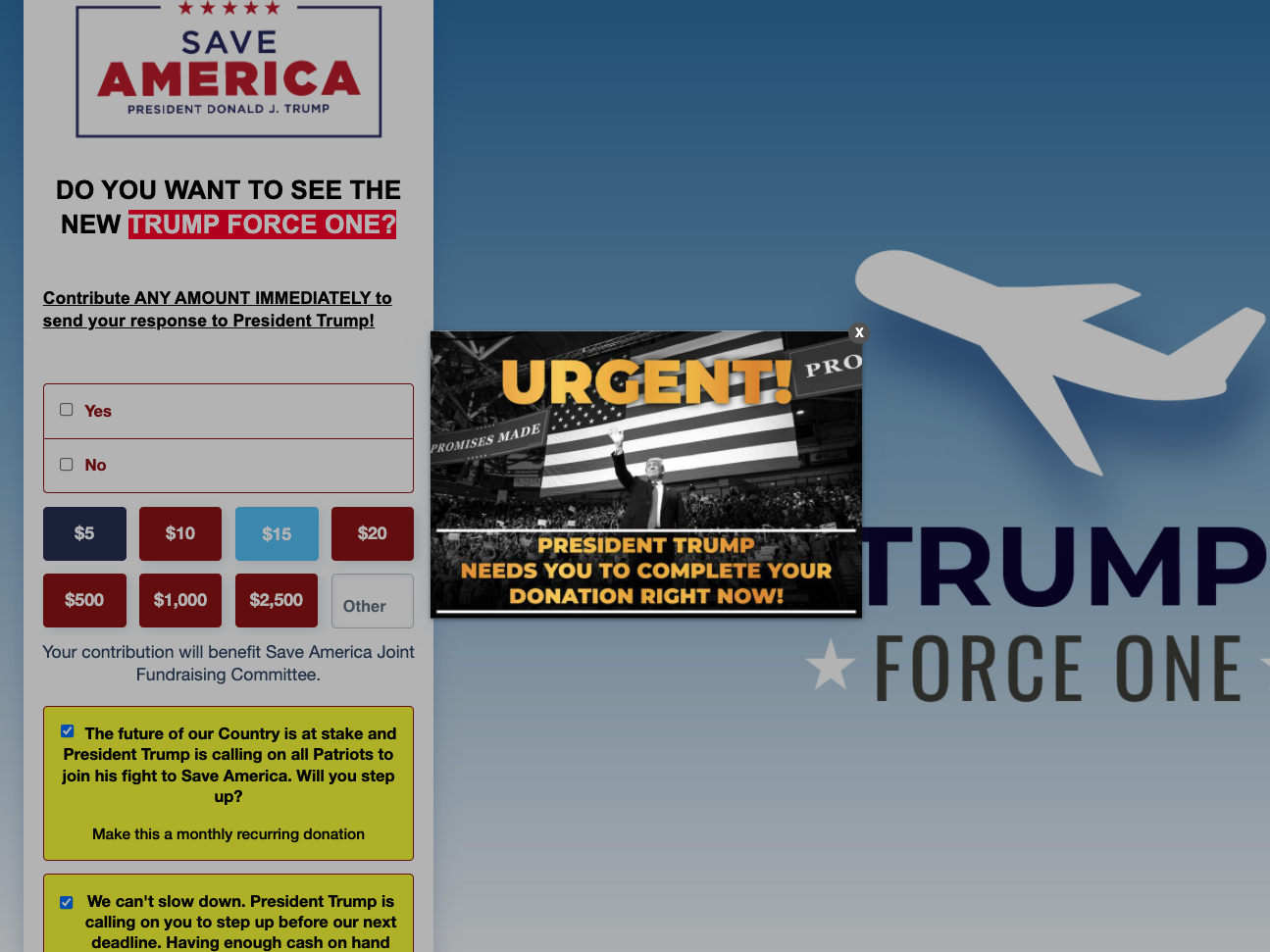 A screengrab of a fundraising page for Trump's PAC.