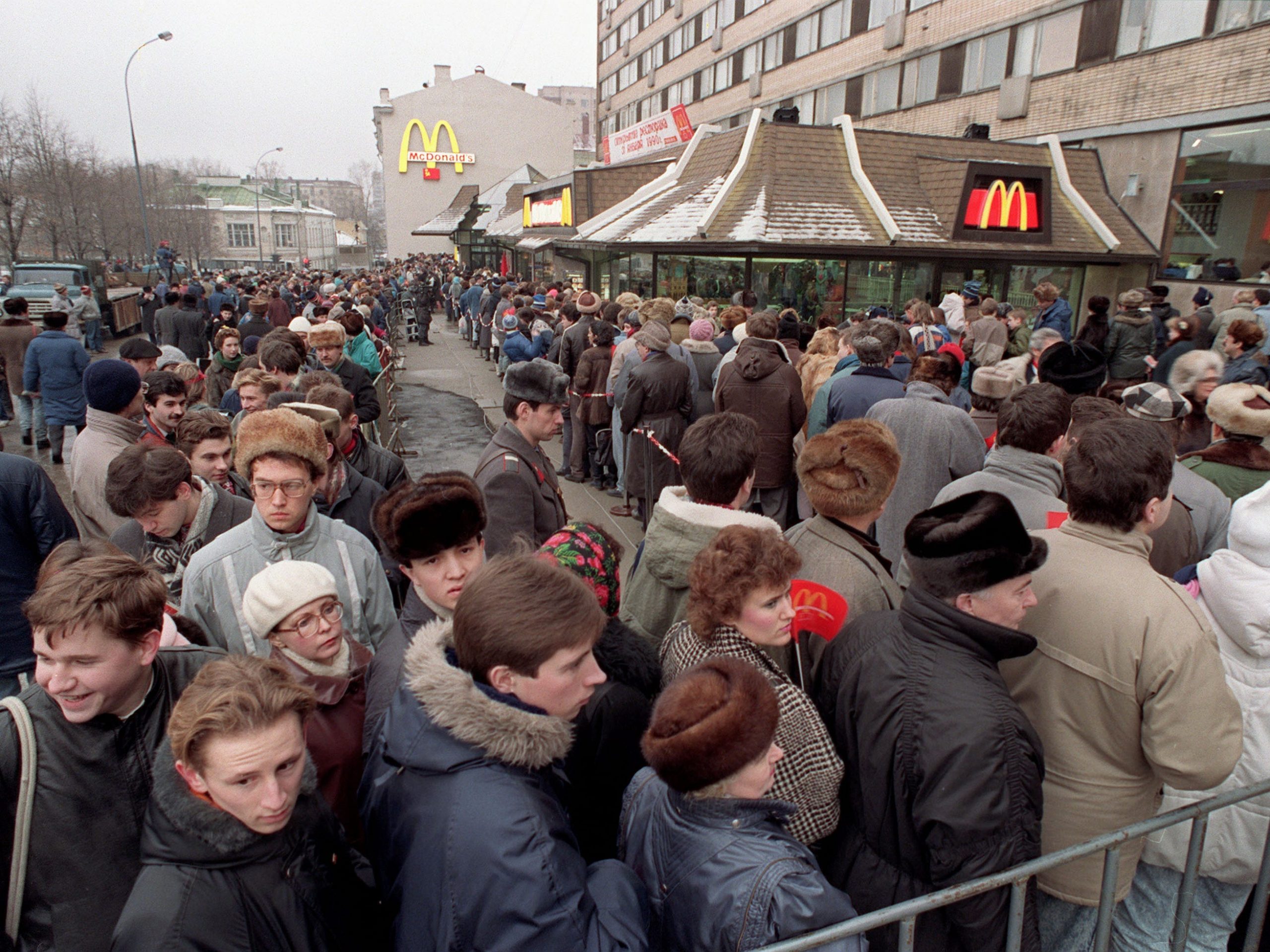 People seen lining up on the opening day of Russia's first McDonald's outlet, located in Moscow's Pushkin Square, on January 31, 1990.