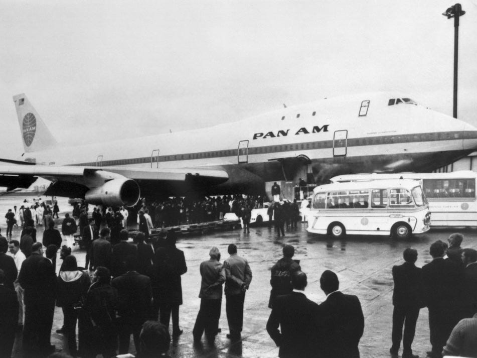 First Pan Am 747 in London after its maiden flight.