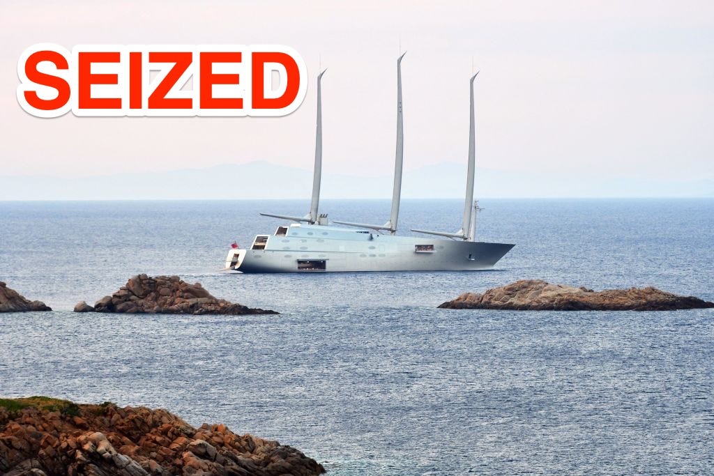 The luxury yacht &#34; Sailing Yacht A &#34; with her unique form, which was built for Russian billionaire Andrey Melnichenko, sails past Italian Isola del Giglio island on July 10, 2018, near the &#34;Scole&#34; rocks where the Costa Concordia cruise ship crashed late January 13, 2012 .