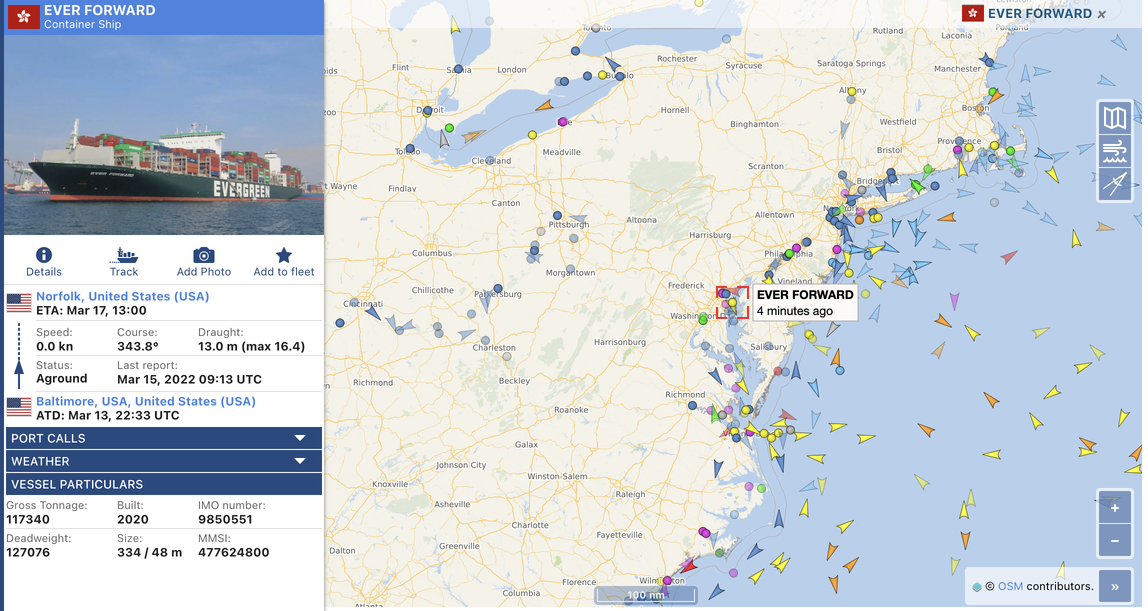 De Ever Forward in de baai bij Baltimore. Screenshot: Vessel Finder
