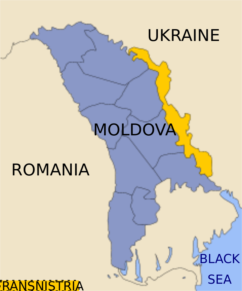 In het geel de tussen Moldavië en Oekraïne ingeklemde afvallige regio Transnistrië.